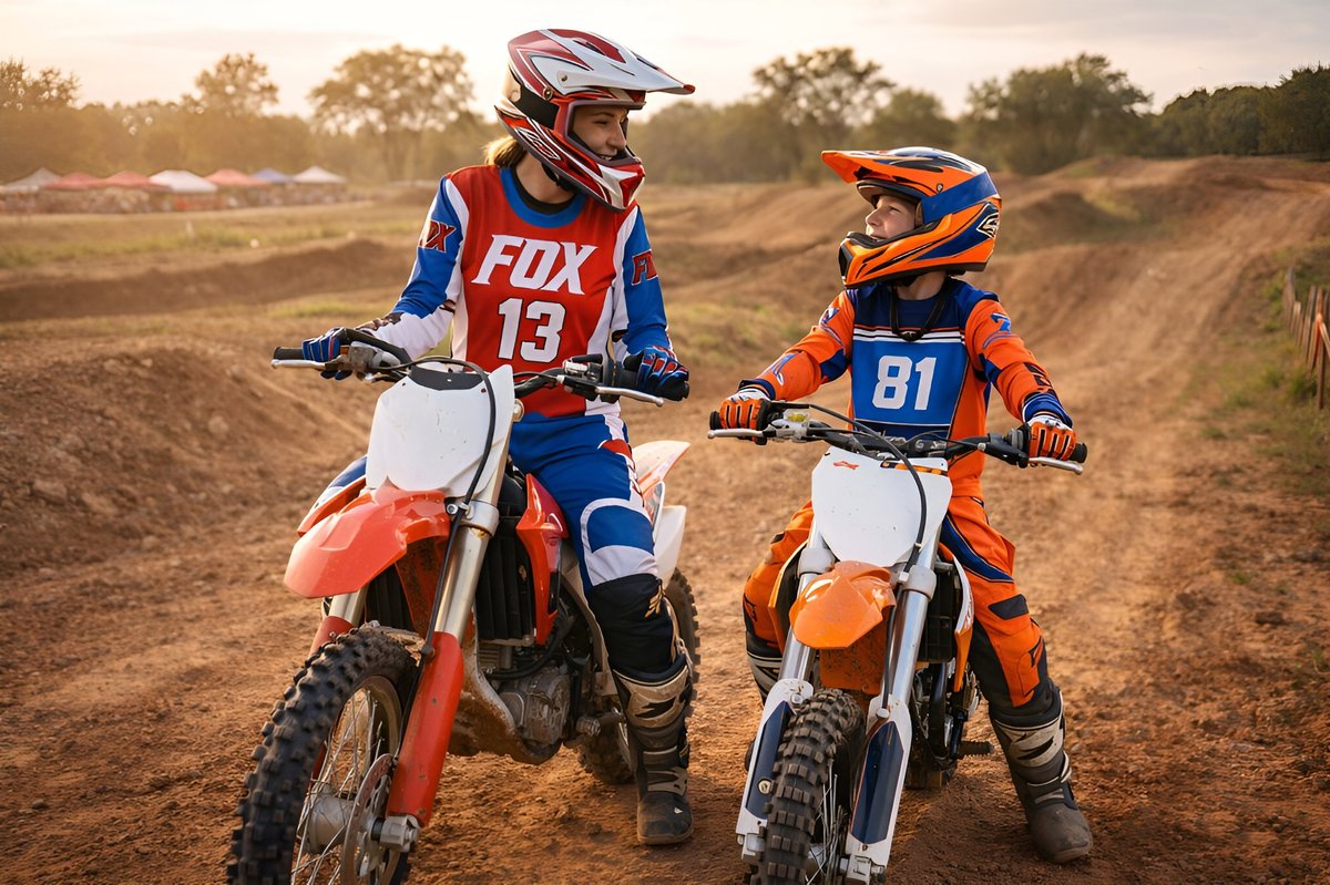 Adult in Fox gear on Honda CRF dirt bike & child on KTM SX, fully geared on MX track at sunset.